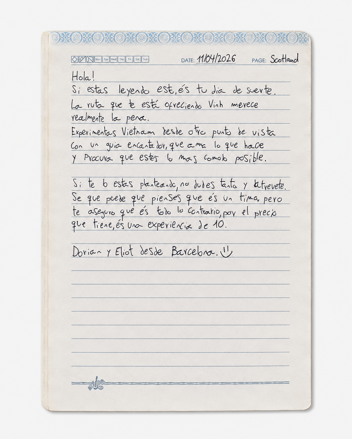 Handwritten Guest Book entry