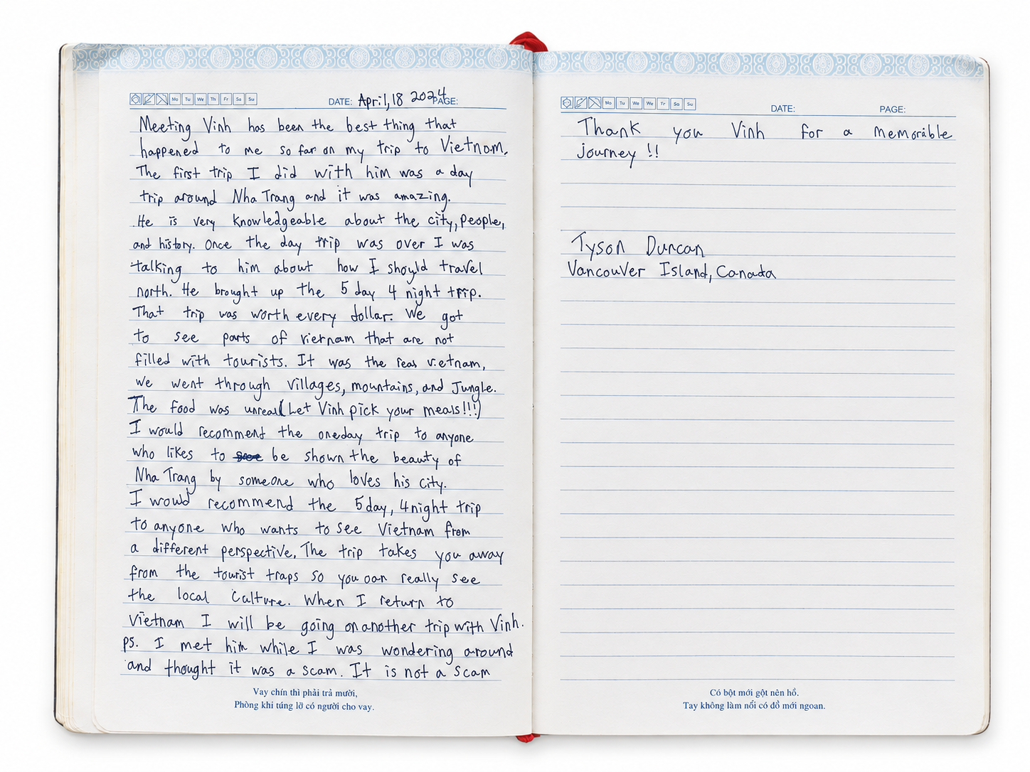 Handwritten Guest Book entry