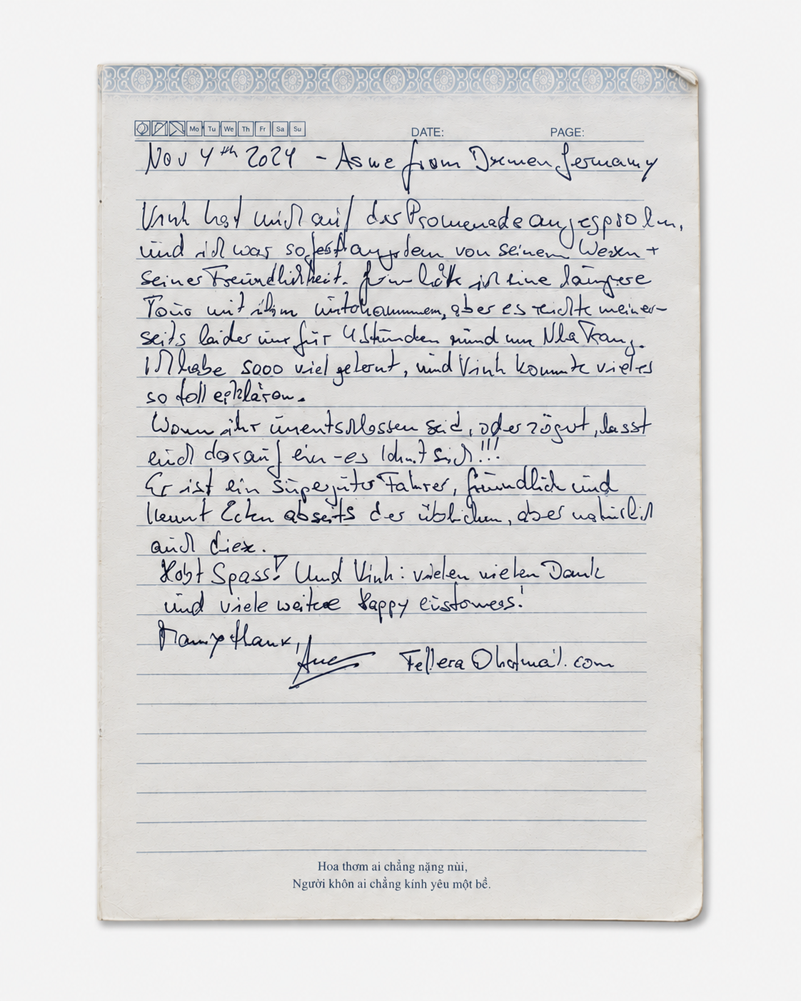 Handwritten Guest Book entry