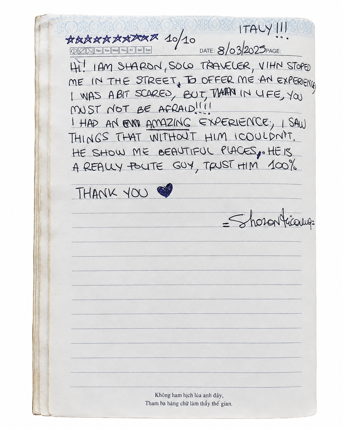 Handwritten Guest Book entry