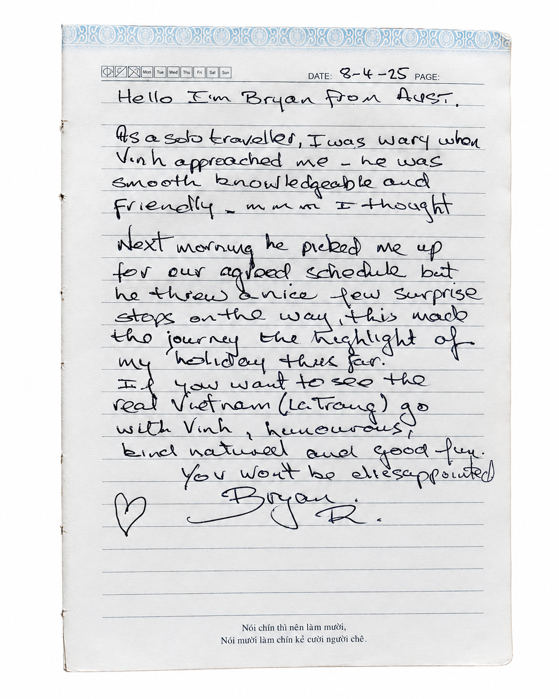 Handwritten Guest Book entry